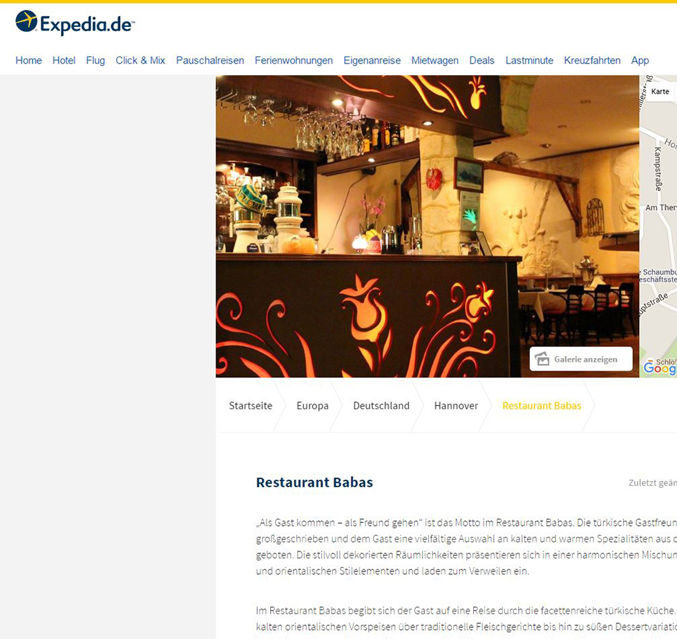 Screenshot expedia.de-Seite mit Infos zum Restaurant Babas